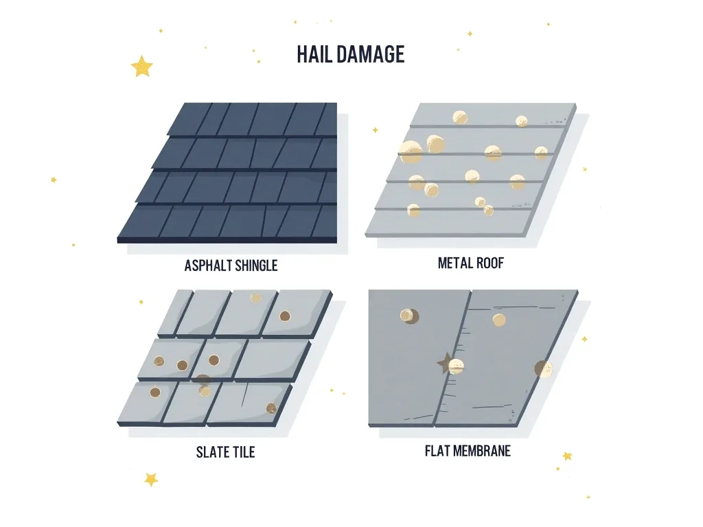 Hail damage identification guide by roofing material type including asphalt, metal, and slate — Storm Damage DMV