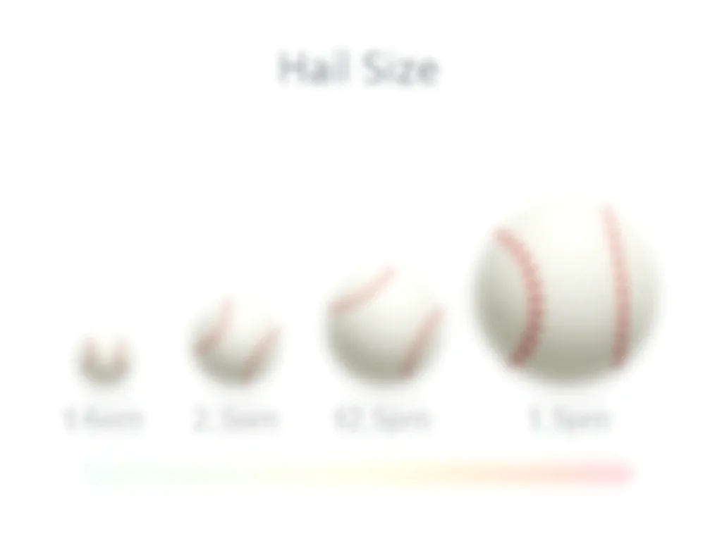 Hail size comparison chart from pea to baseball showing roof damage thresholds — Storm Damage DMV