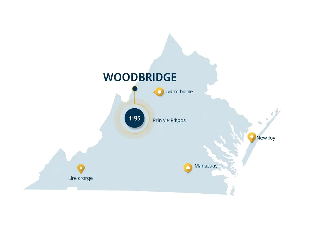 Service area map for storm damage roof repair in Woodbridge VA and nearby communities — Storm Damage DMV
